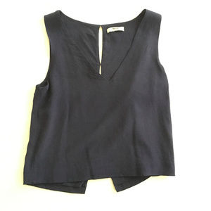 Navy 100% Silk Grana V-neck cropped shirt